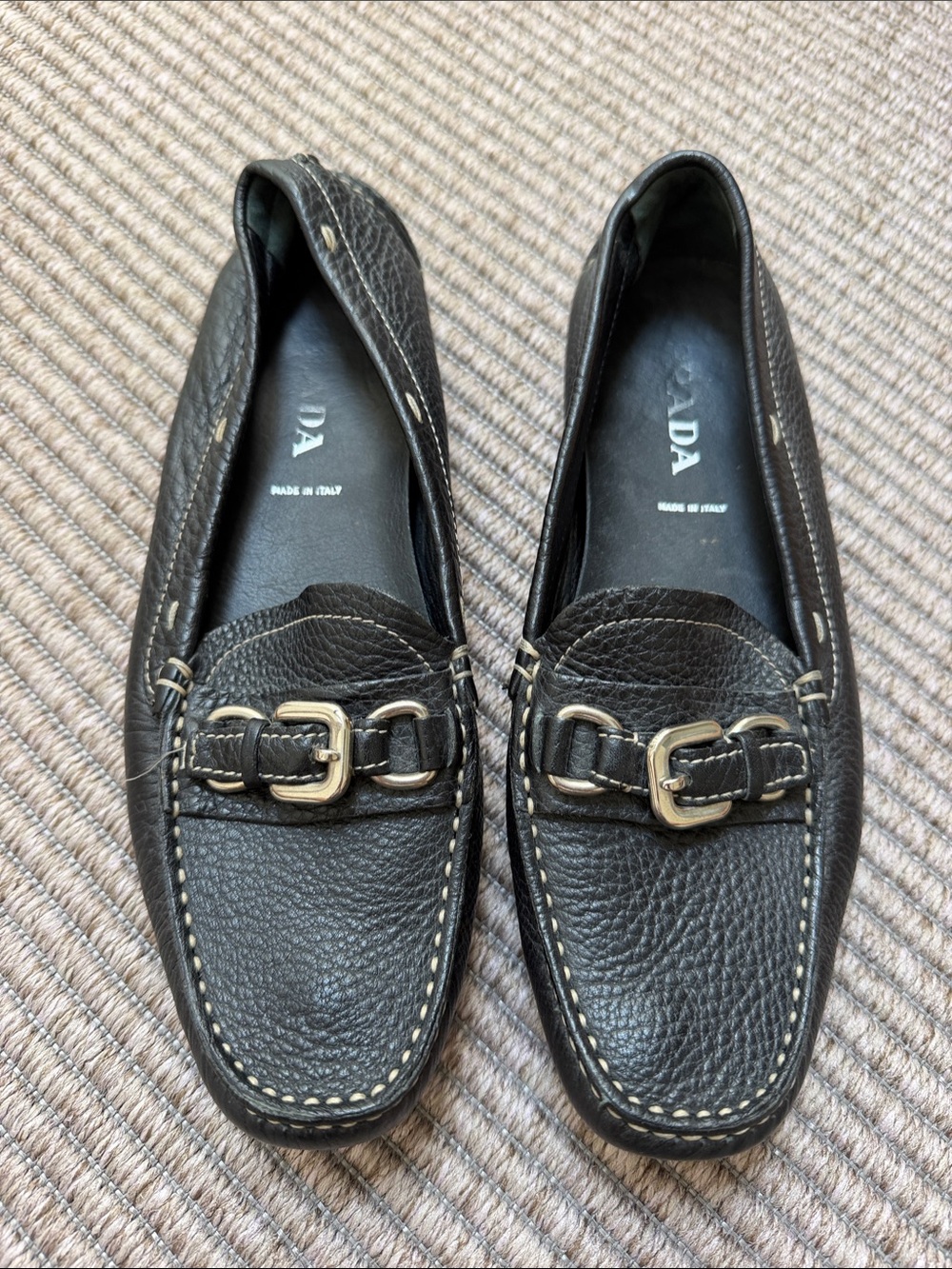 Prada Black Pebbled Leather Bit-Detail Loafers